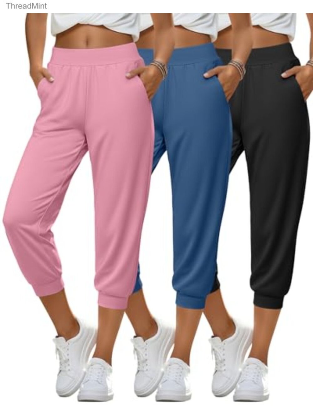 3 Pack Women's High Waisted Capri Joggers Athletic Running Sweatpants with